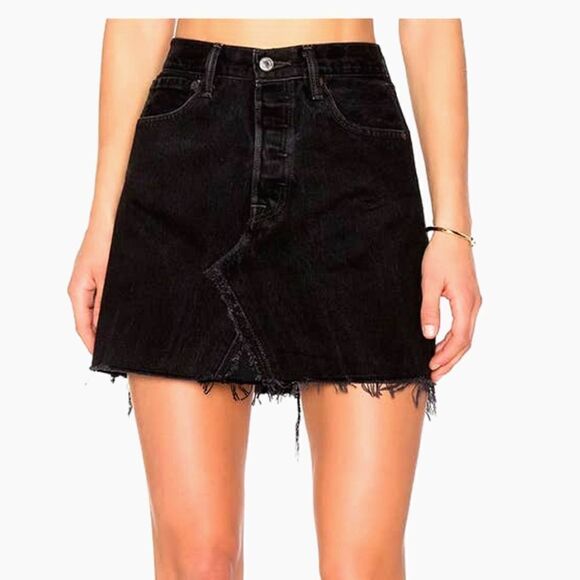 NEW RE/DONE Levis High Waist Mini Skirt Sz 26 black raw‎ hem - Picture 1 of 8